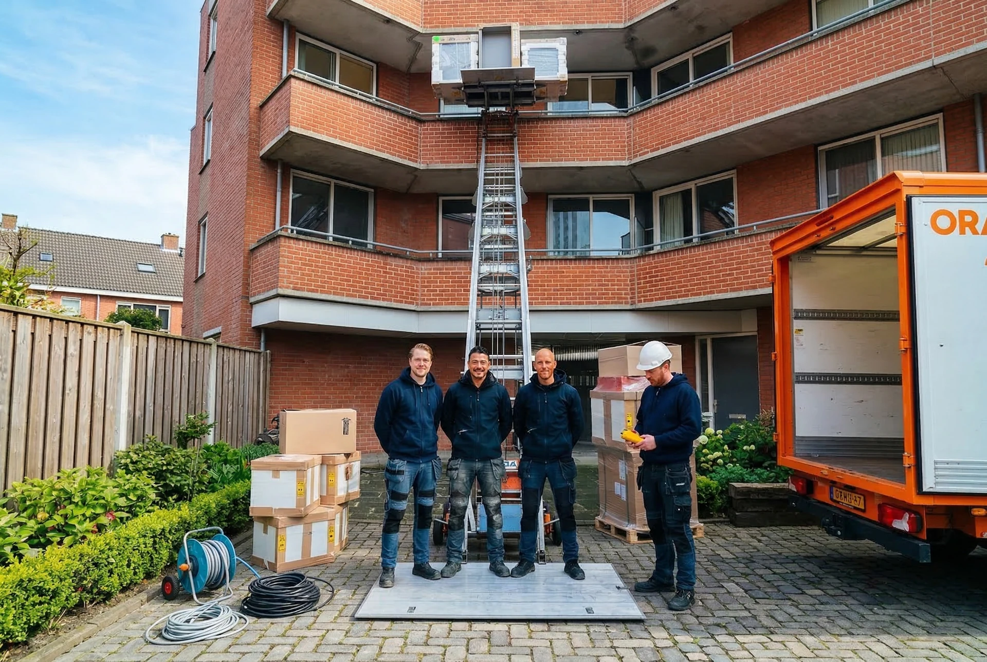 Verhuisteam aan het werk met gedalift bij appartement in Waalwijk
